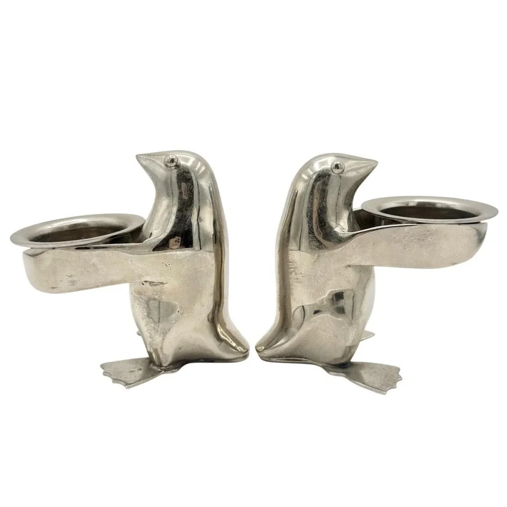 Vintage Restoration Hardware Silver Penguin Tea Light Candle Holders Pair RH